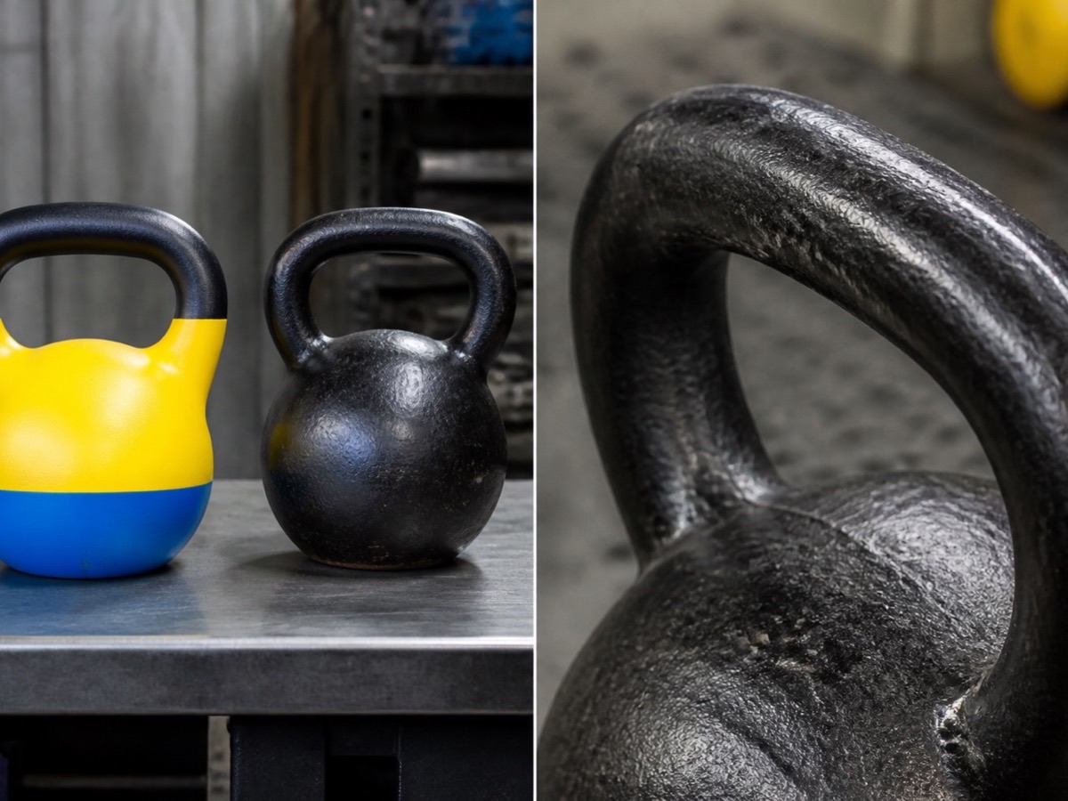 ** PE cement kettlebell beside a cast-iron kettlebell on a workbench - **Caption:** Compare shell, fill, and handle construction before you mix kettlebell sets on one PO.