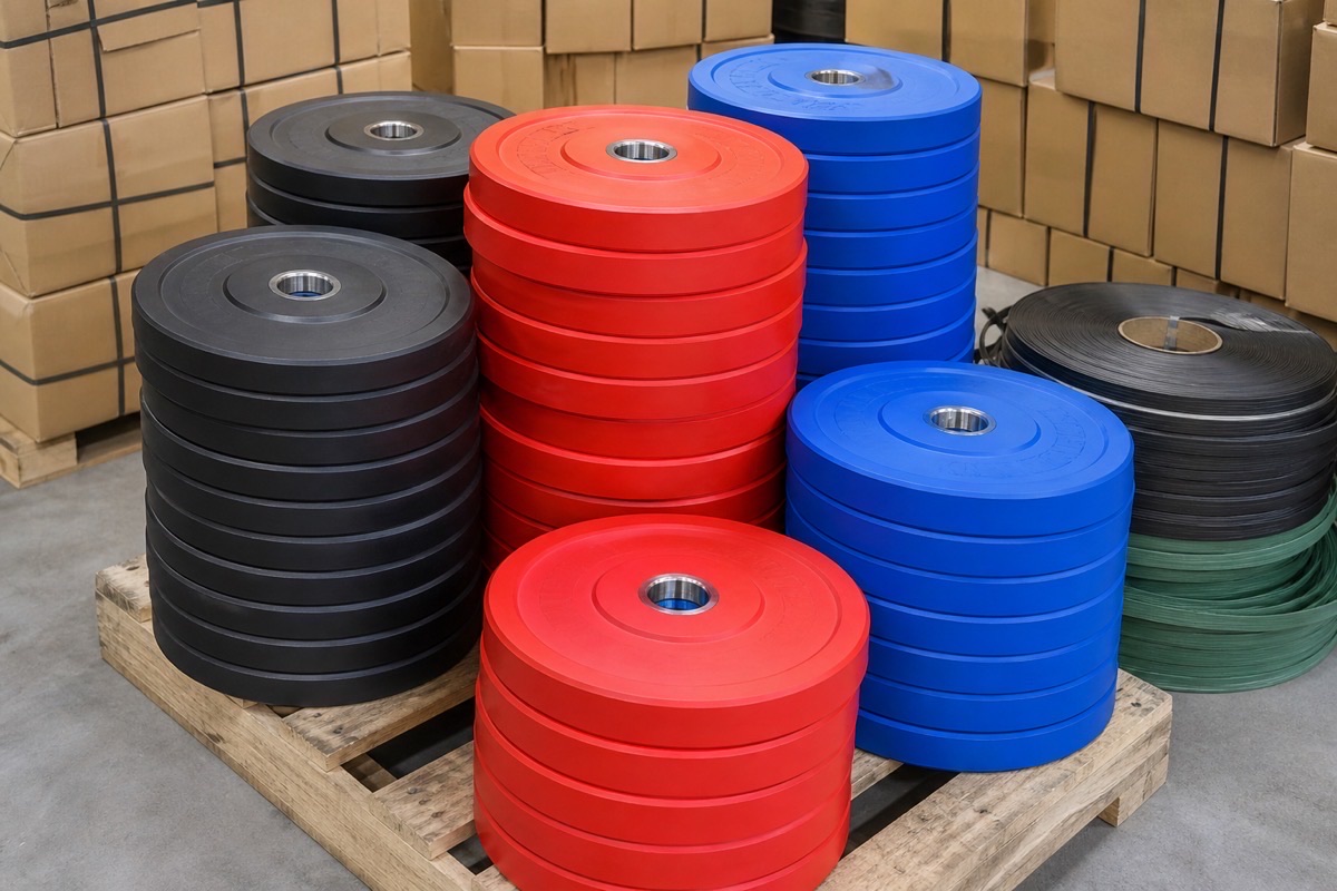 ** Color rubber bumper plates stacked on an export pallet in a warehouse - **Caption:** Confirm diameter, insert size, and carton marks before you book a container of bumper plates.