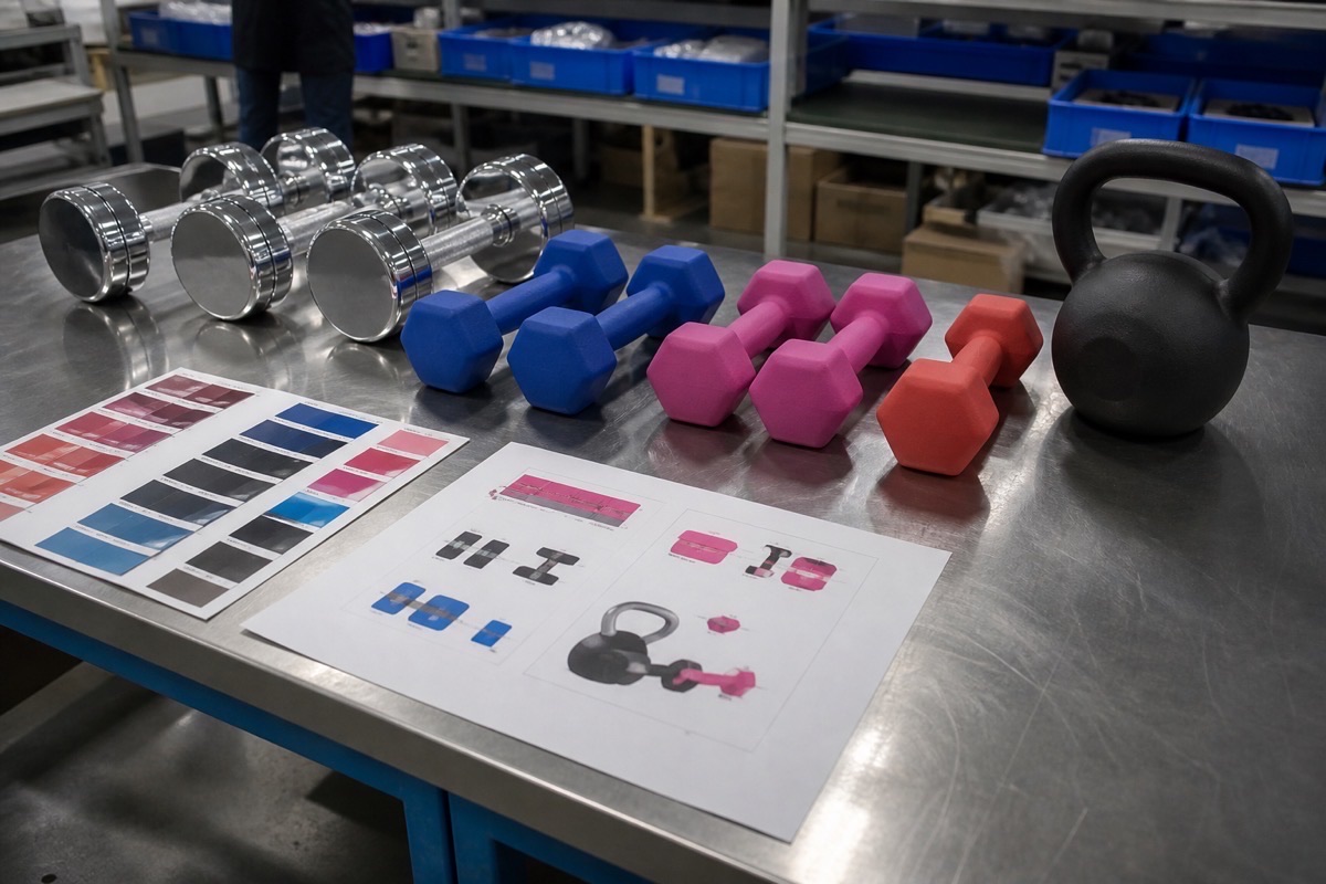** Chrome dumbbells and color samples on a factory inspection table - **Caption:** Lock logo method, color, and sample photos before you approve a private-label production run.