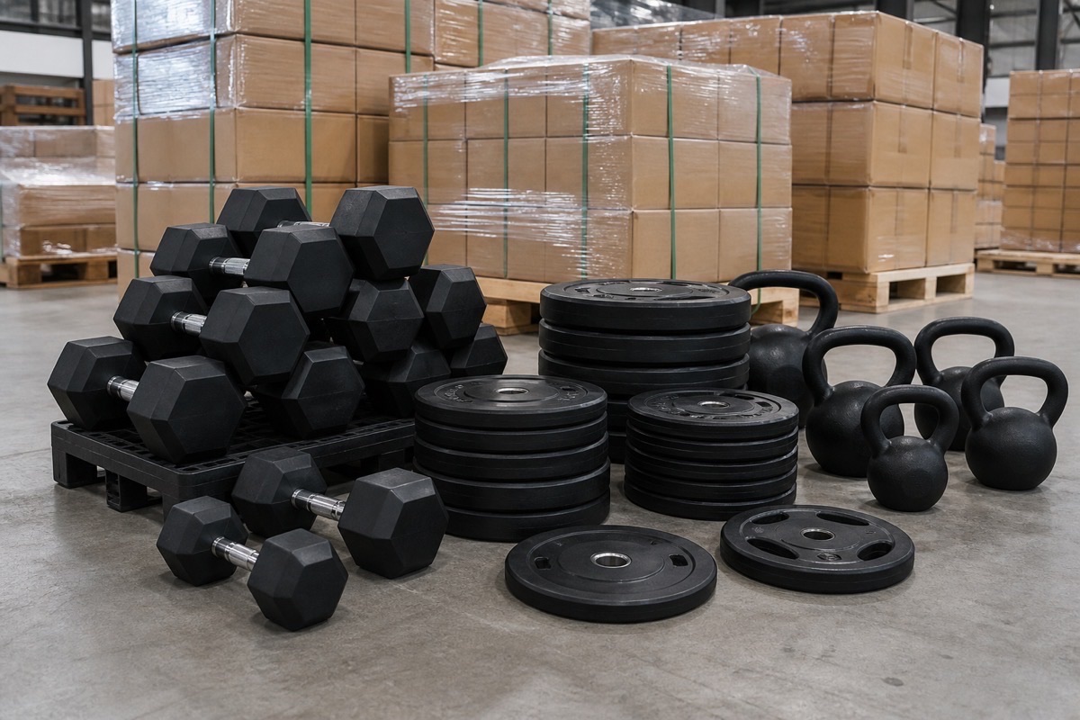 ** Mixed free weights staged beside export cartons in a factory warehouse - **Caption:** Confirm specs, packing, and inspection windows before a factory-direct free-weights PO.