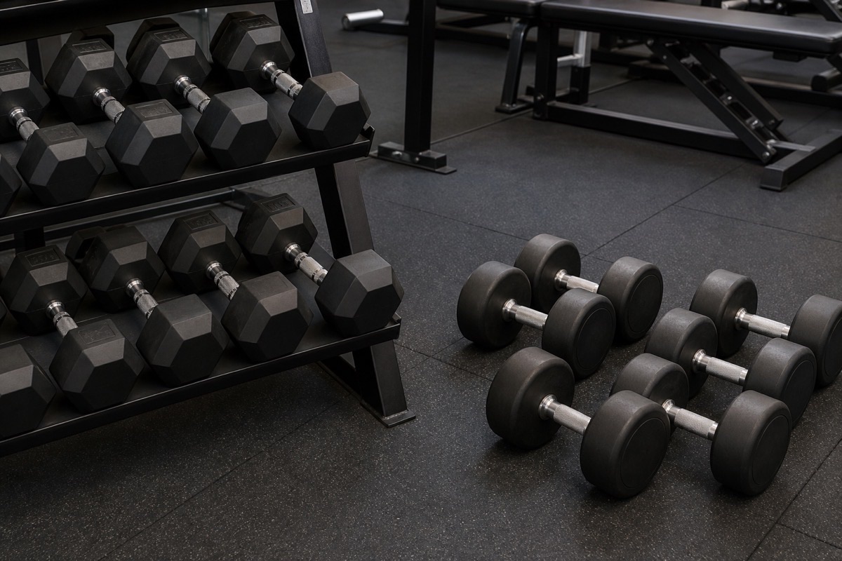 ** Hex rubber dumbbells on a rack beside round rubber dumbbells - **Caption:** Compare hex vs round dumbbell heads for rack density and floor safety before you lock a wholesale mix.