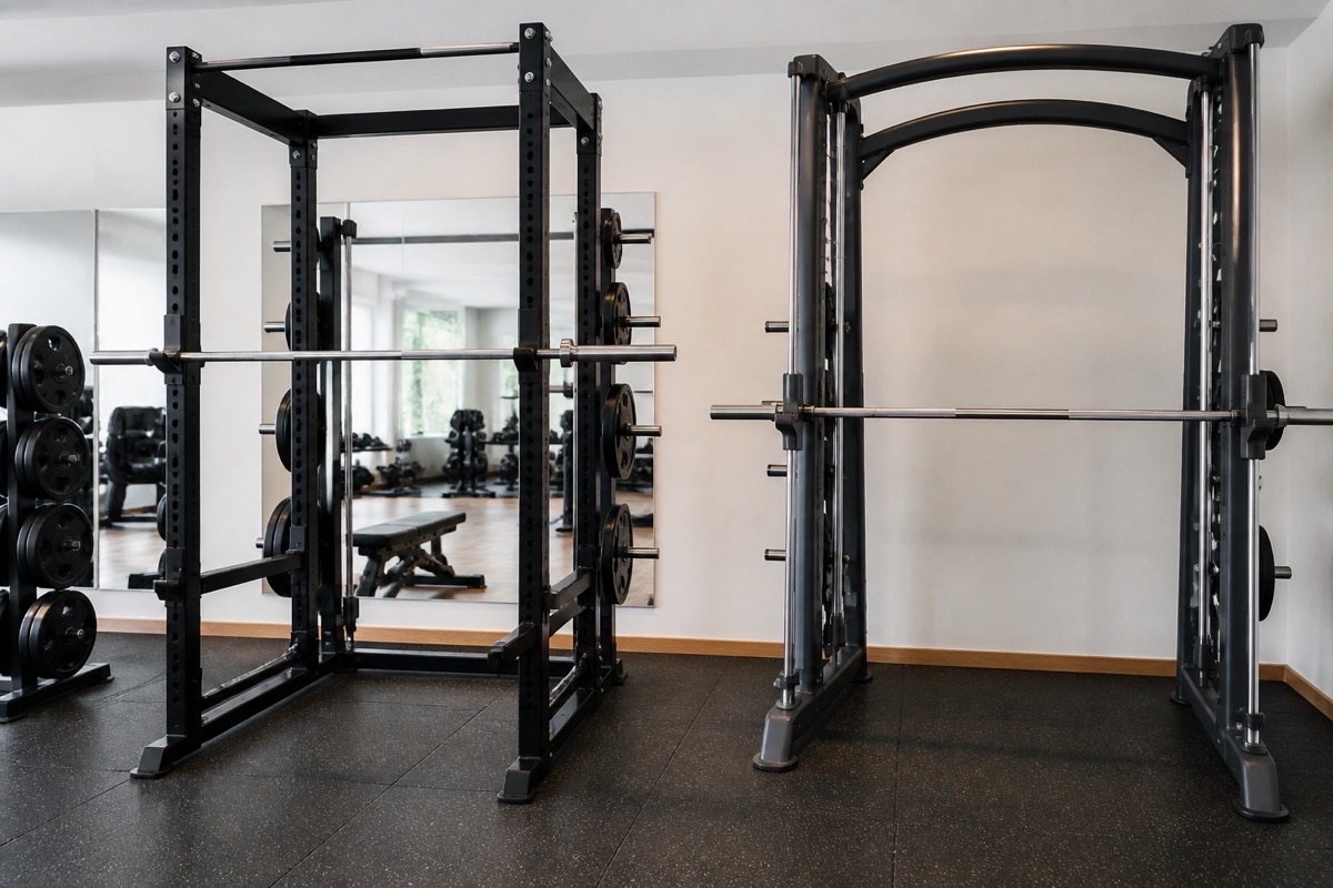 ** Squat rack power cage beside a Smith machine in a commercial gym - **Caption:** Ask gauge, hole spacing, and safety-bar questions before you compare a Smith machine vs squat rack quote.