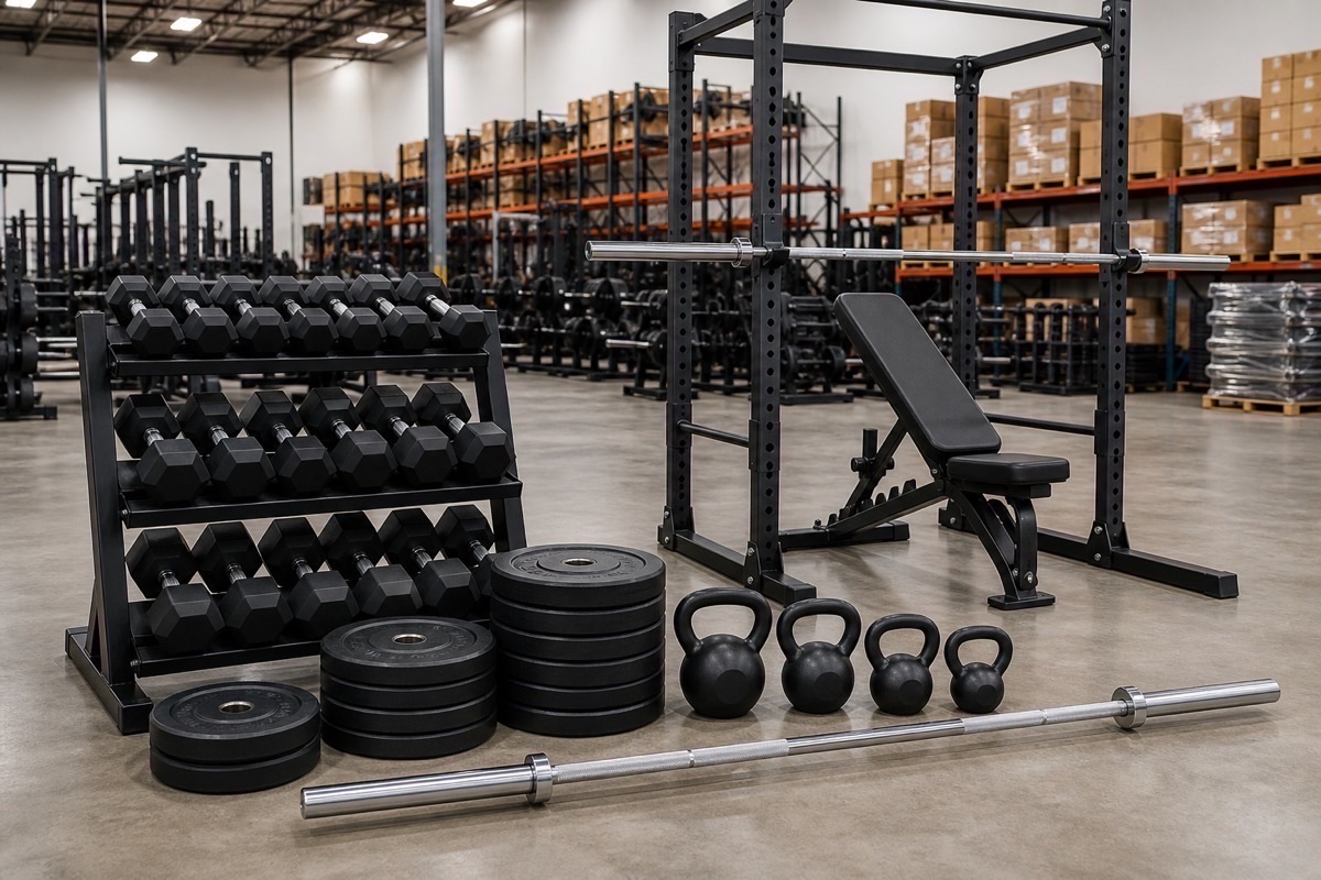 ** Free-weight product lineup with dumbbells, plates, kettlebells, bar, and rack - **Caption:** Yunlingyu manufactures dumbbells, plates, kettlebells, bars, and rack-and-bench SKUs for wholesale export.