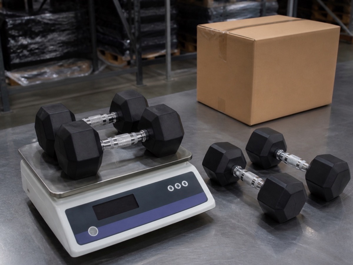 ** Hex dumbbell pairs being weighed for kg versus lb export orders - **Caption:** Mark and weigh in the same unit, then add a pair delta if the gym loads both hands.