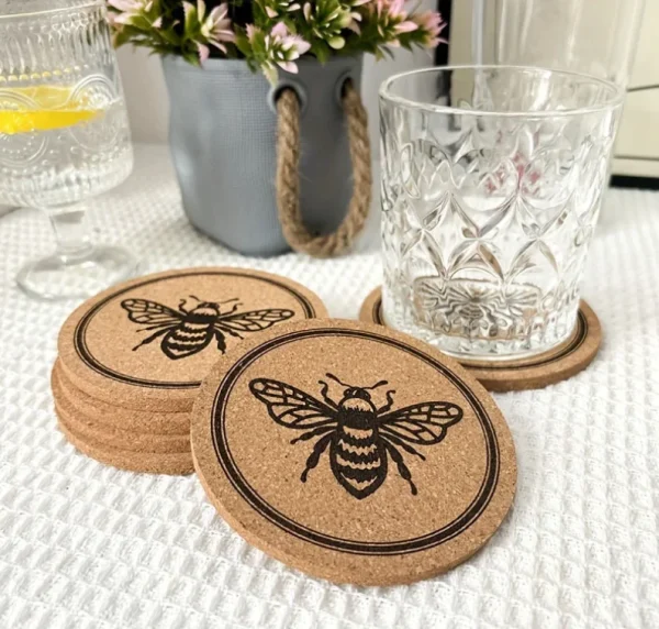 Natural Cork Coaster With Bee Print Eco Friendly Heat Resistant Drink Cup Mat