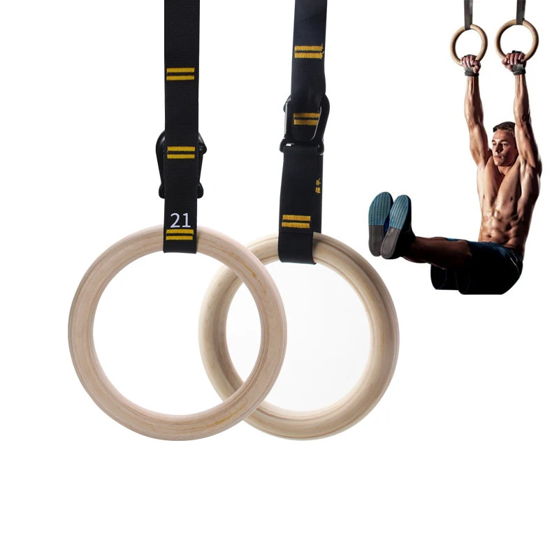 Adjustable Durable Numbered Strap Double Circle Wood Gym Gymnastics Rings for