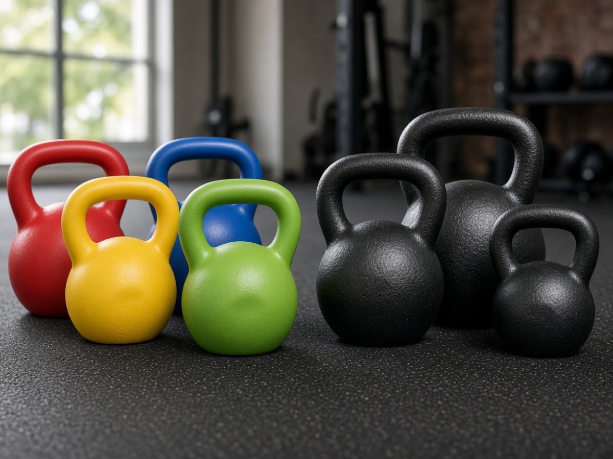 PVC soft kettlebells beside cast iron kettlebells for wholesale comparison